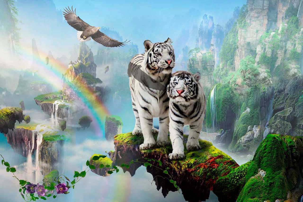 Фотообои Тигры радуга и птицы